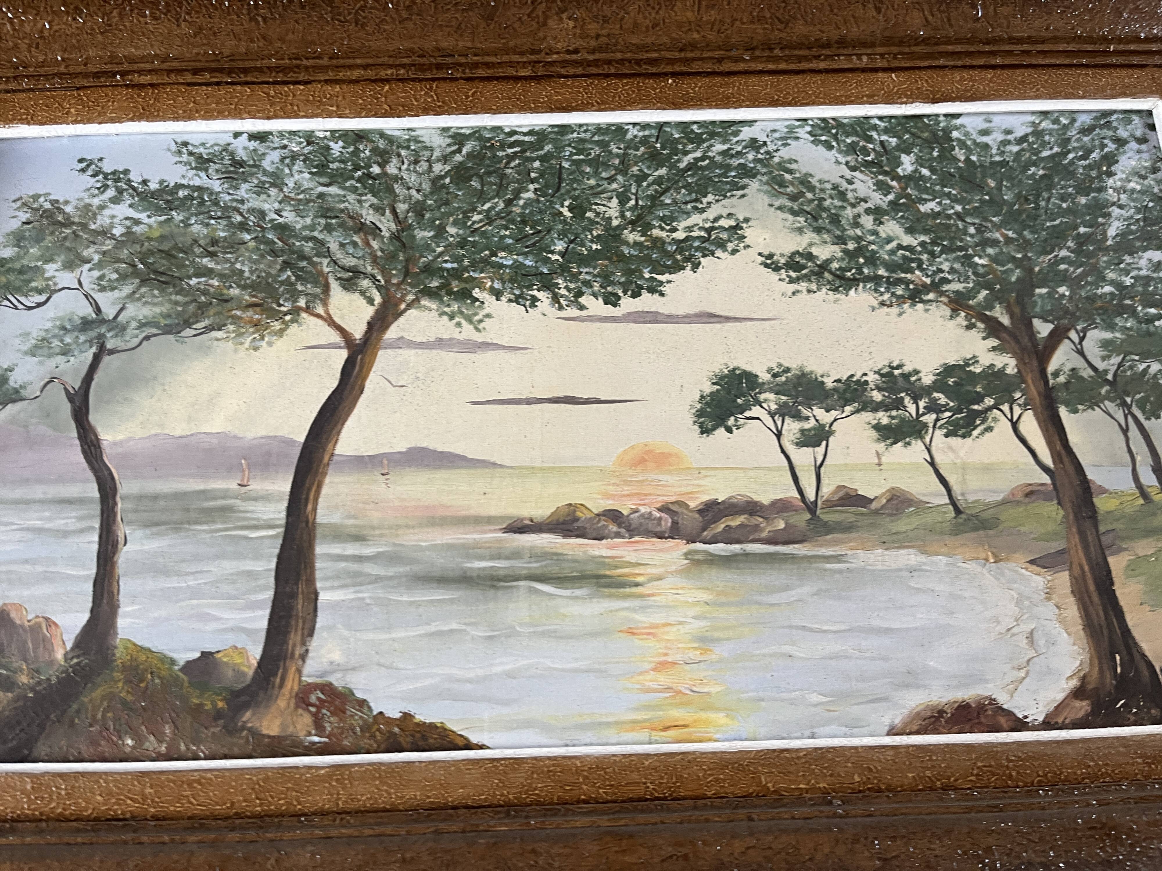 Vintage seascape painting at sunset, signed Marcki