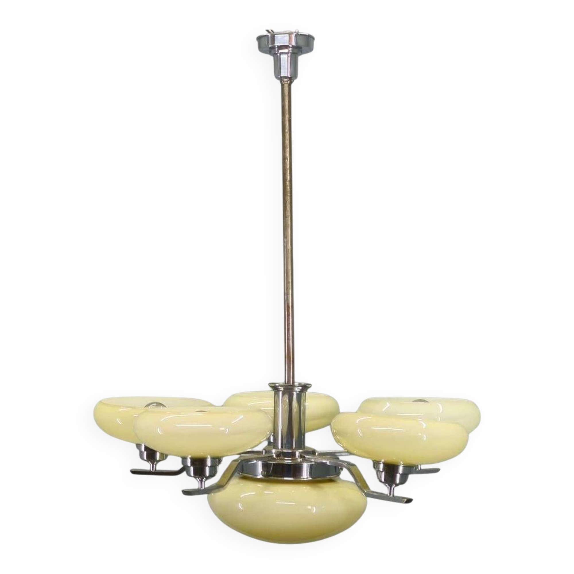 Art Deco Chrome Chandelier with Six Opaline Glass Shades, 1930s