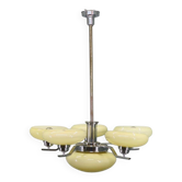 Chandelier Art Déco en chrome avec six abat-jours en verre opalin, années 1930