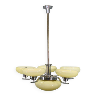Art Deco Chrome Chandelier with Six Opaline Glass Shades, 1930s