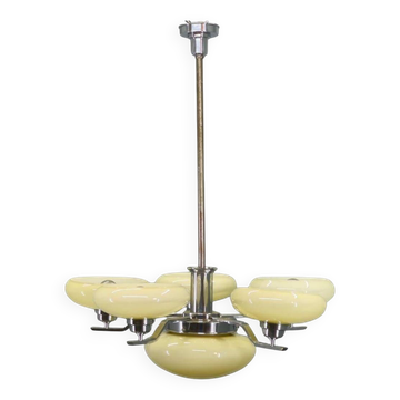 Art Deco Chrome Chandelier with Six Opaline Glass Shades, 1930s