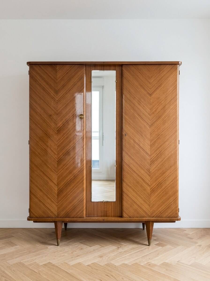 Retro wooden veneer wardrobe: 3 doors with mirror and tapered legs.