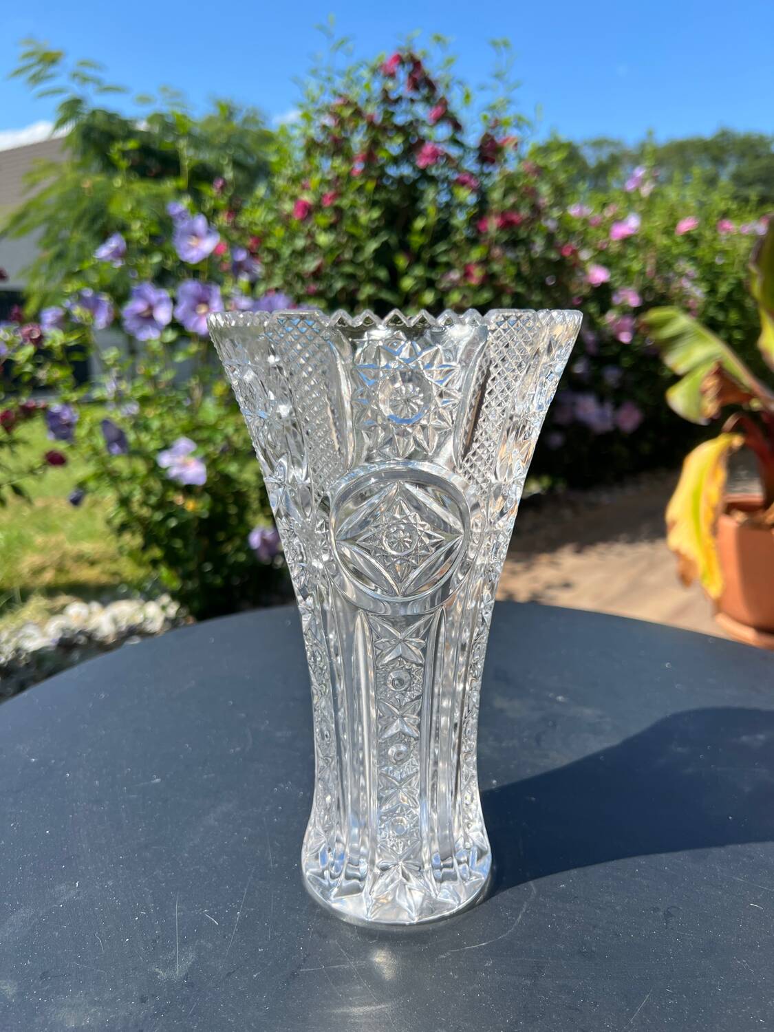 Large engraved and cut crystal vase