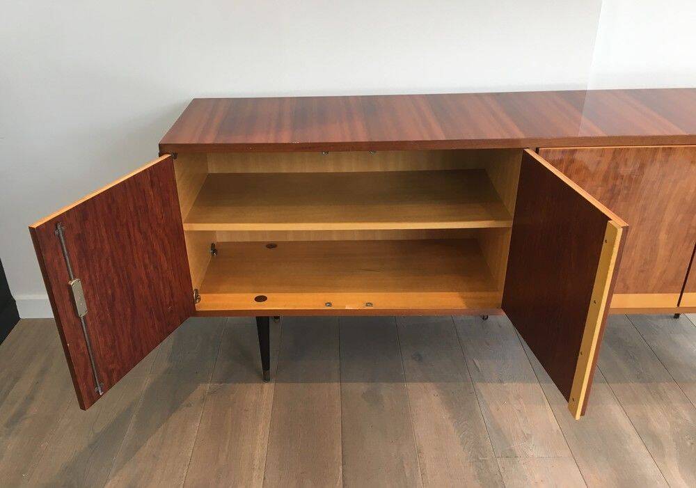 Designer sideboard with 4 doors in sapele mahogany and sycamore on a blackened wood base