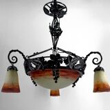 Lustre en fer forgé et pate de verre, Art Deco, Muller Freres, Circa 1920
