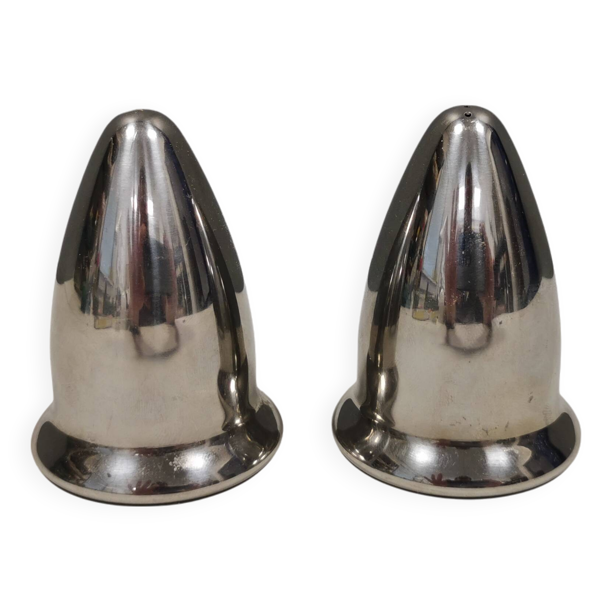 A beautiful stainless steel salt and pepper set, space age style 1980s.