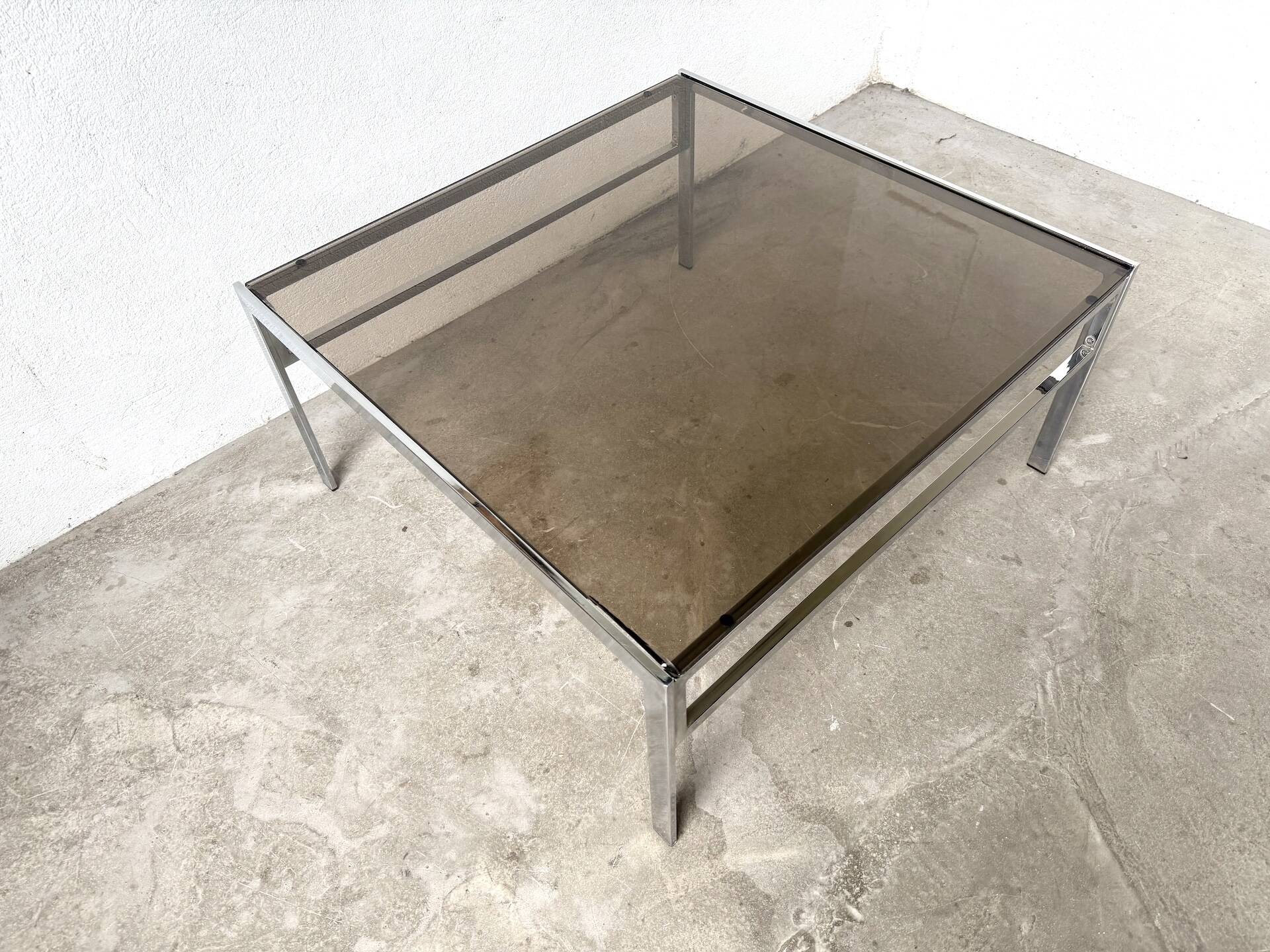 Modernist chrome and smoked glass coffee table, circa 1970
