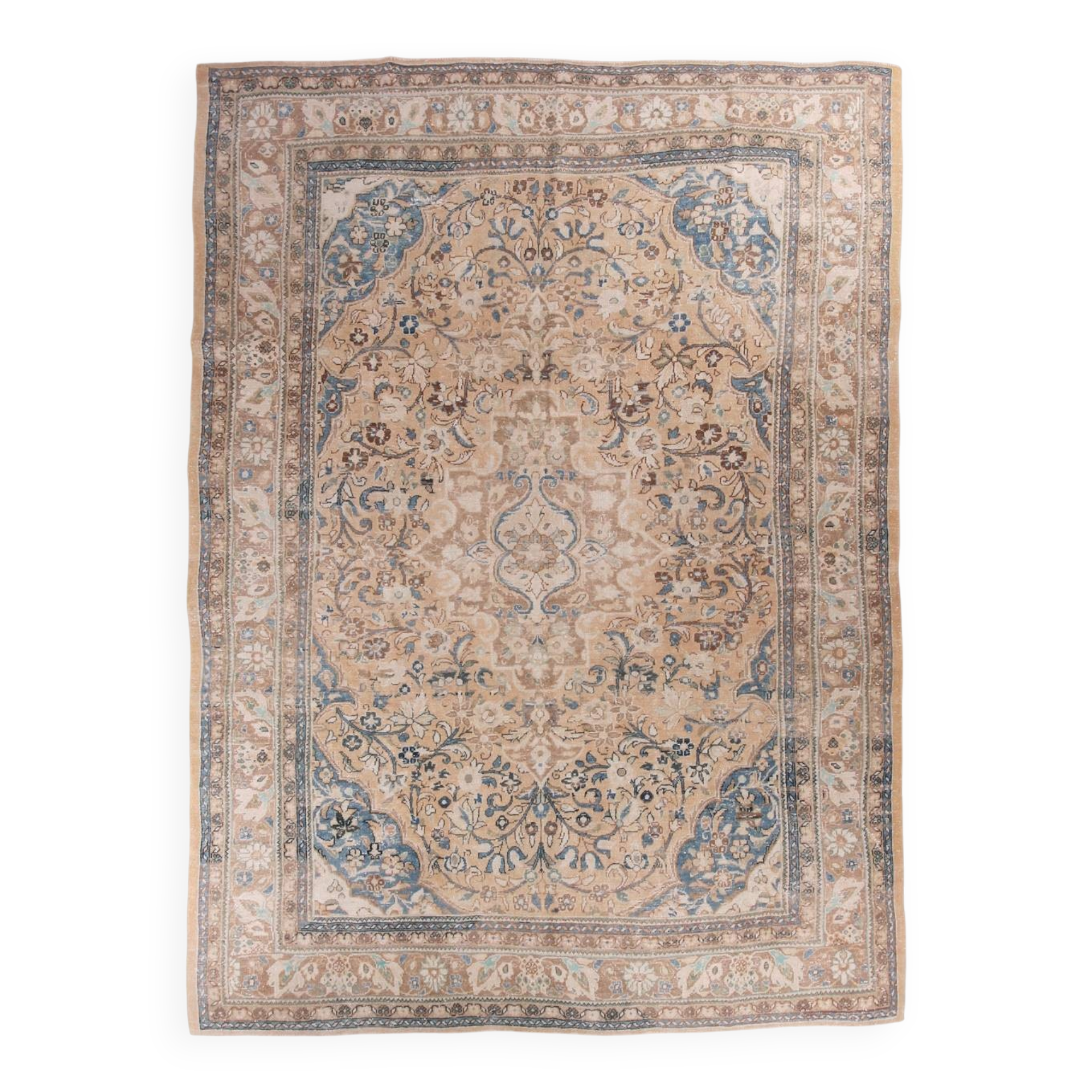 Tapis Persan Ancien Grand Format – Laine Nouée Main, Tons Beige & Bleu
