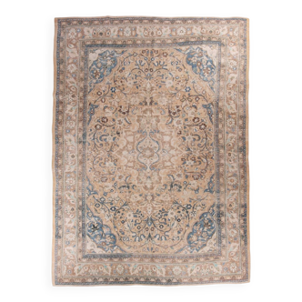 Tapis Persan Ancien Grand Format – Laine Nouée Main, Tons Beige & Bleu