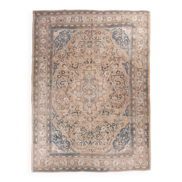 Tapis Persan Ancien Grand Format – Laine Nouée Main, Tons Beige & Bleu