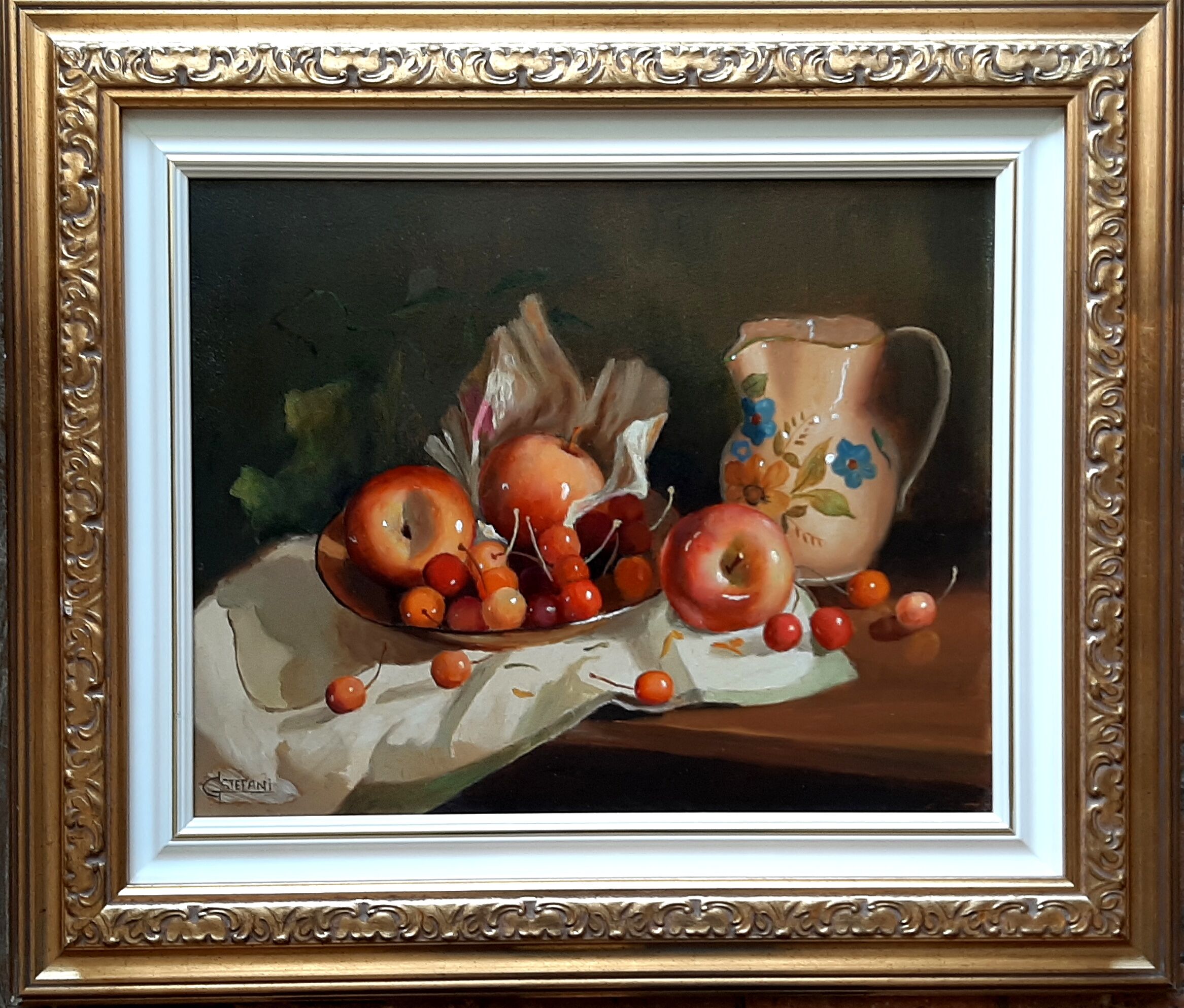 Table Oil Still Life Fruits Cherries Apples and Jug signed***framed***