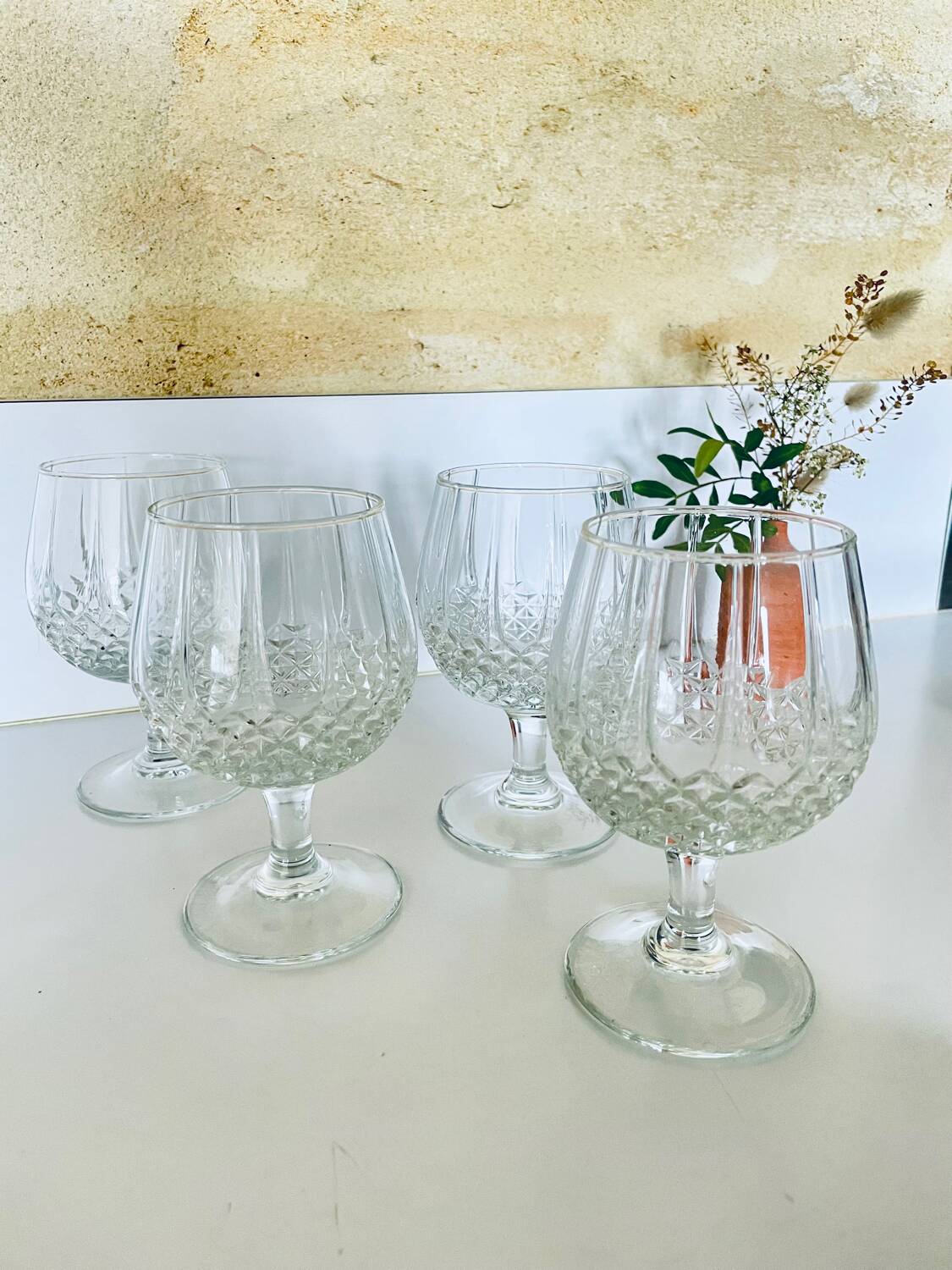 4 diamond point glass cognac or brandy glasses
