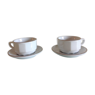 Two white cups with saucers by Apilco vintage 60-70s