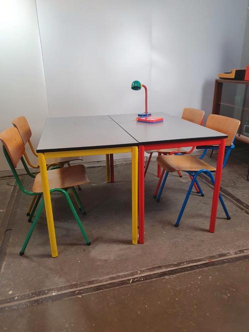 Multicolored dining table and chairs 80s