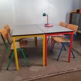 Multicolored dining table and chairs 80s