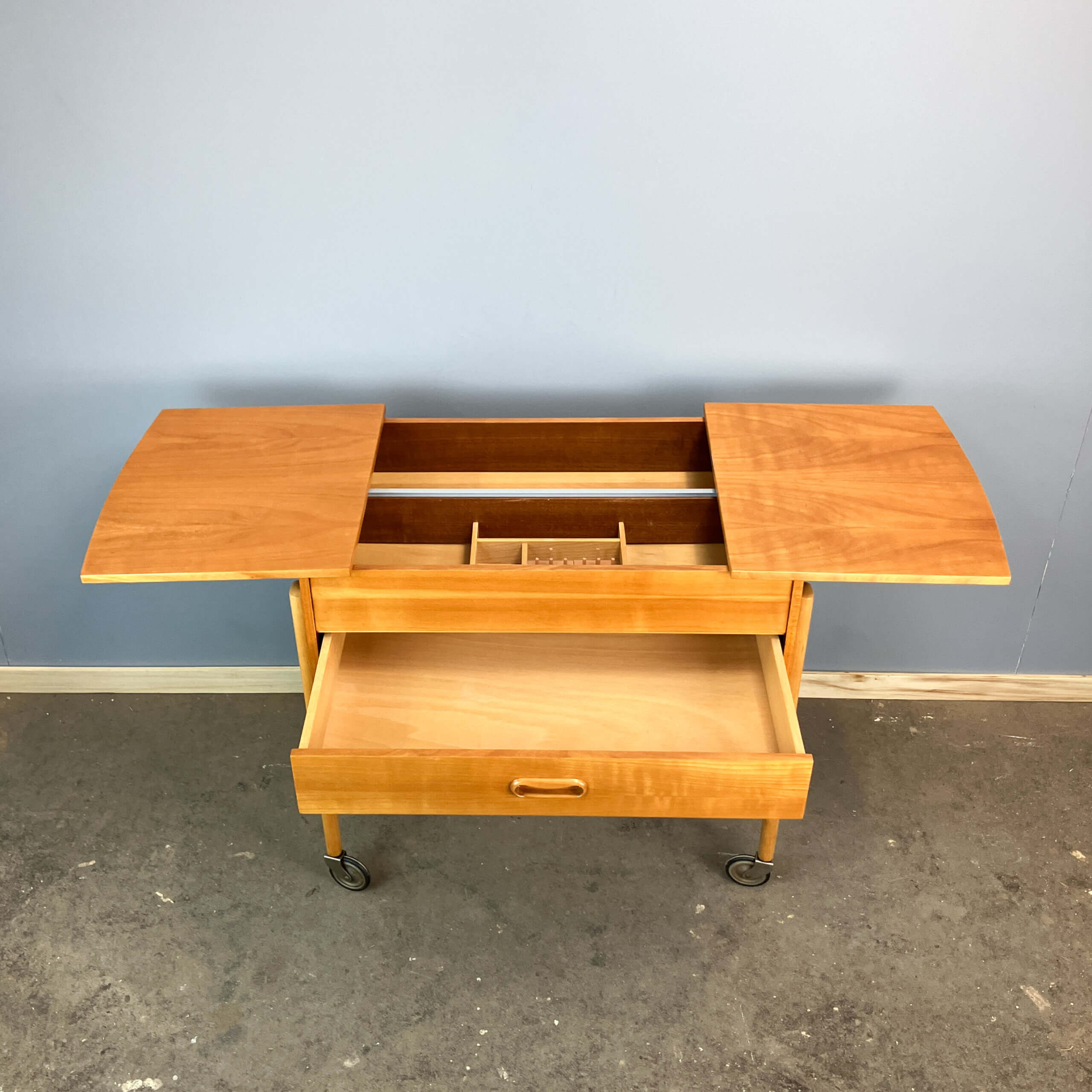 Wheeled sewing box, pear wood, beech, wicker, 1960s