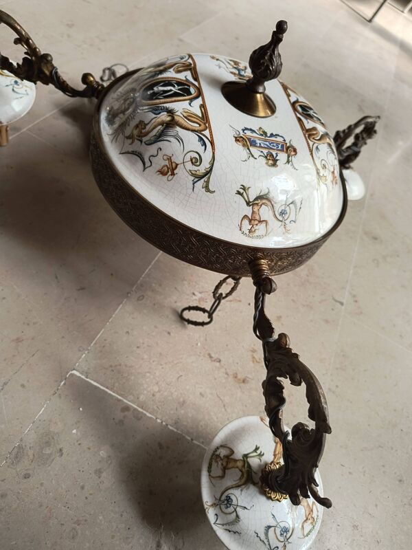 Lustre bronze, cuivre et faïence style gien