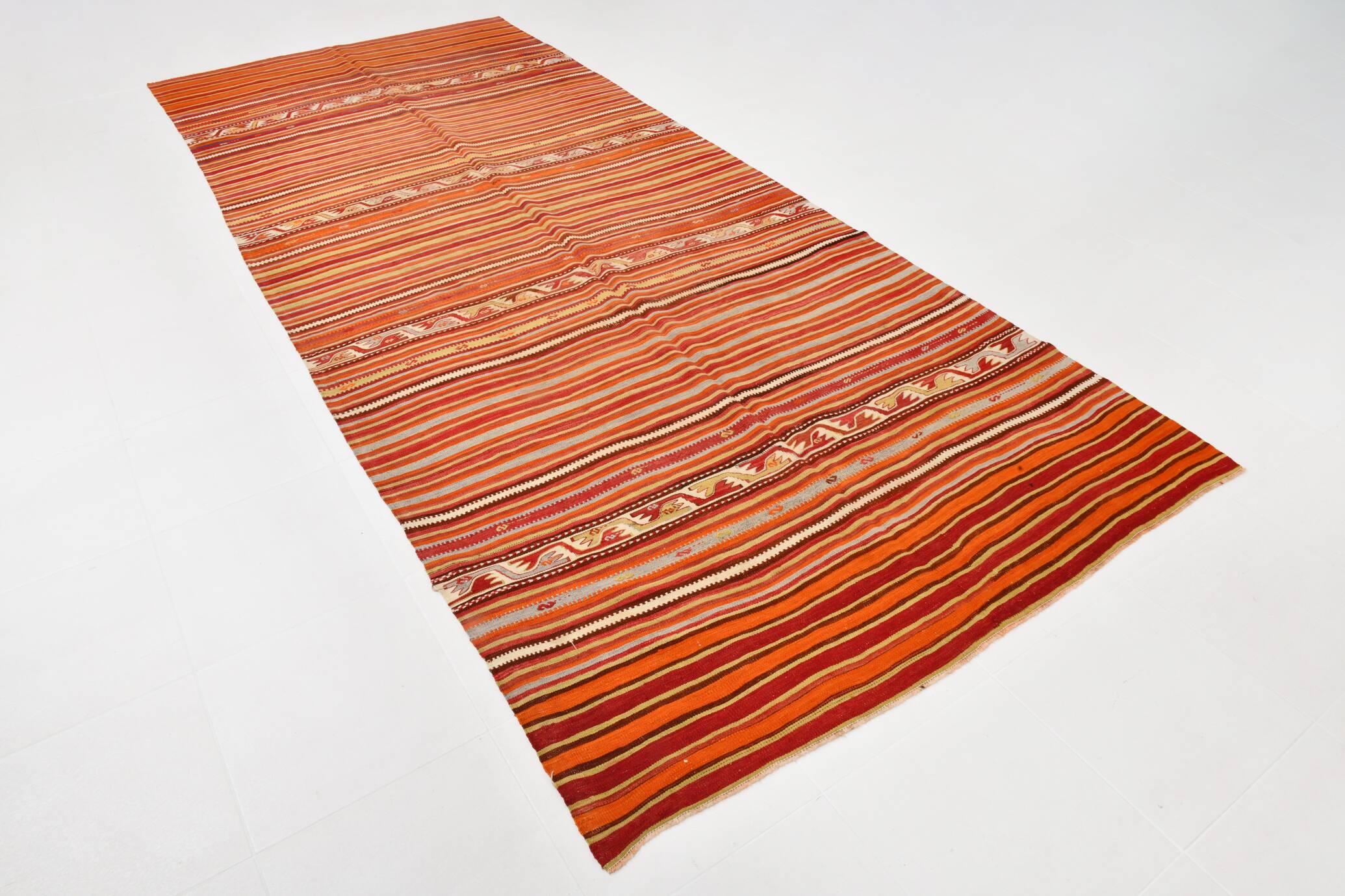 Pumpkin Orange Striped Turkish Woven Kilim Rug, 158x390 Cm