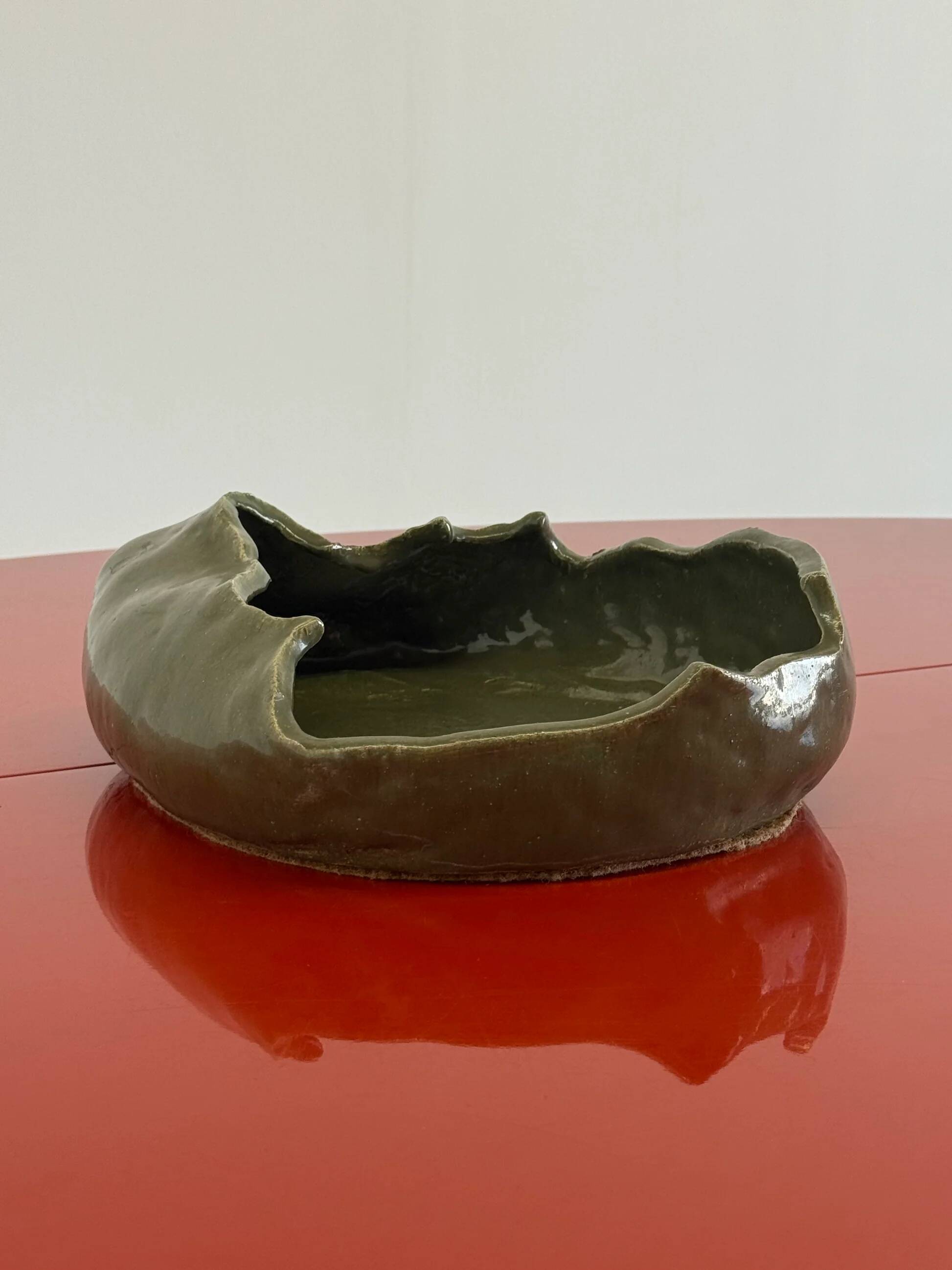 Vintage ceramic asymmetrical bowl in olive green