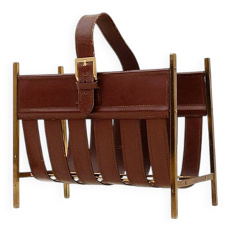 Brown leather magazine rack attributed to Adnet - 1940s