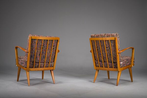 Fauteuils vintage en merisier et laine de Knoll Antimott, années 1950-1960, lot de 2