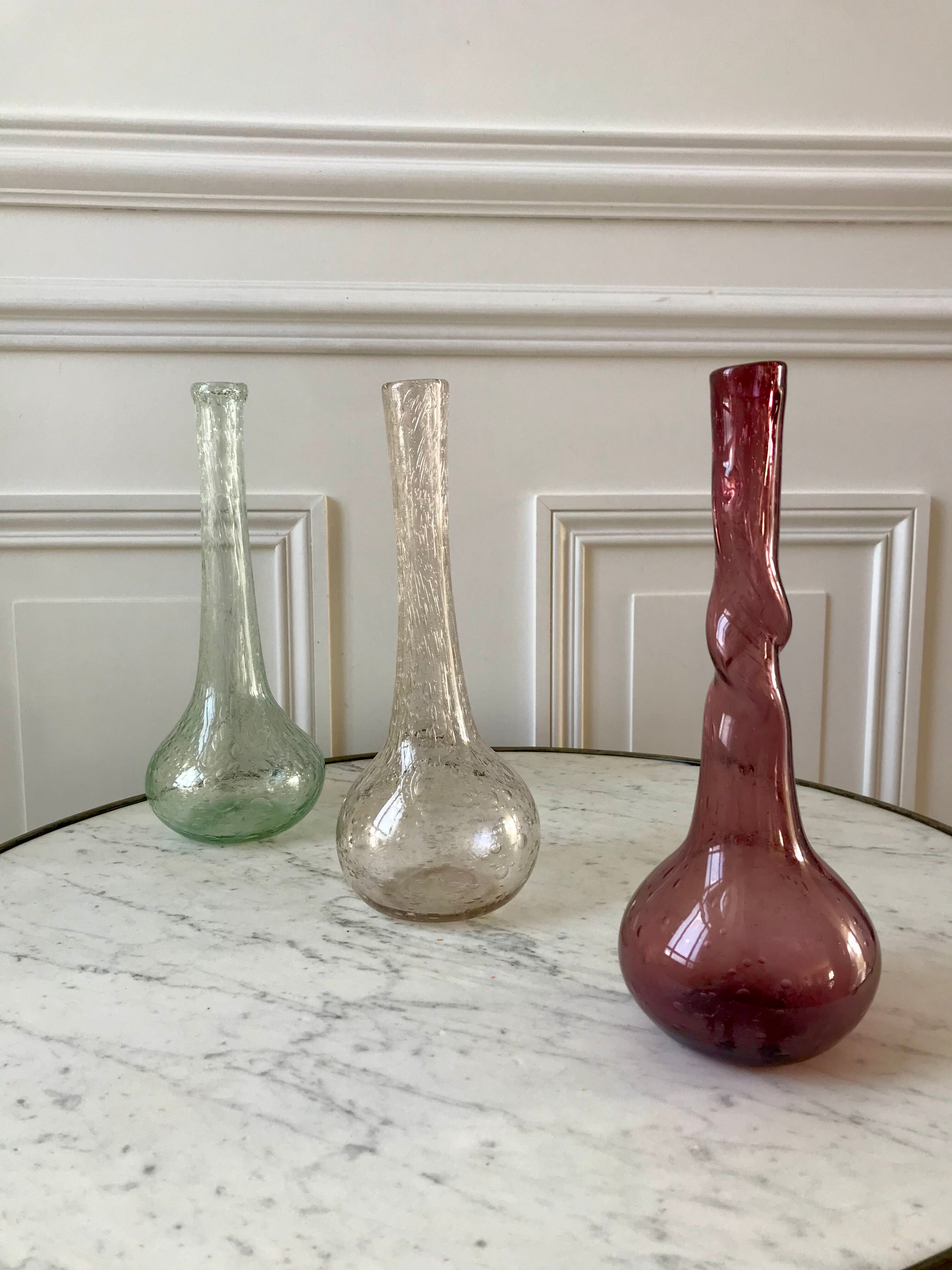 trio of Biot bubbled glass vases signed green 60s-70s