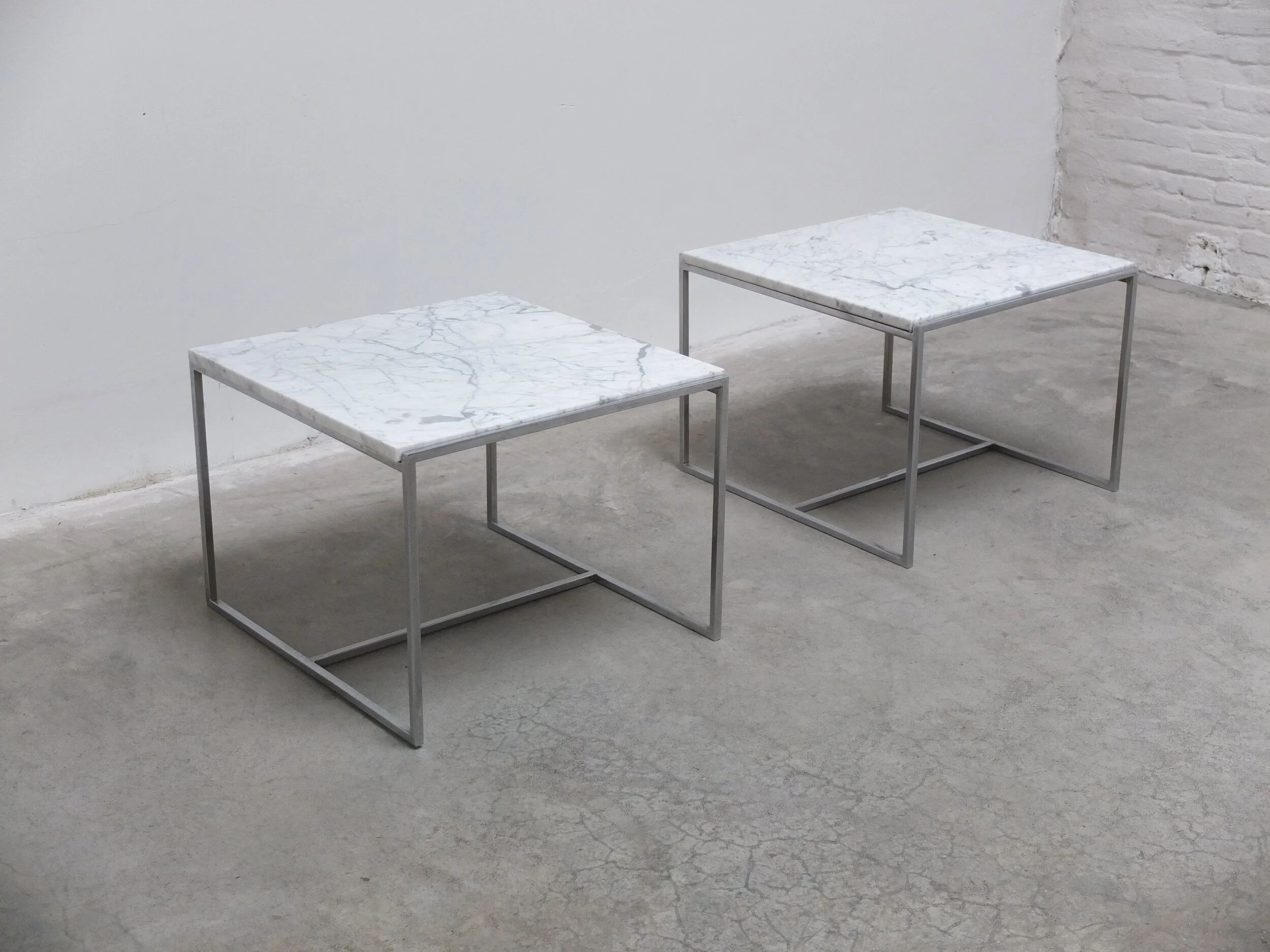 Pair of Carrara marble & chrome coffee or side tables, 1970s