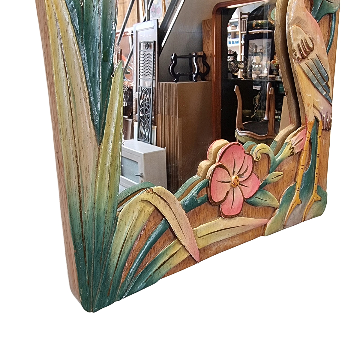 Vintage Balinese Wooden Mirror With Herons And Flowers, 1980/90s