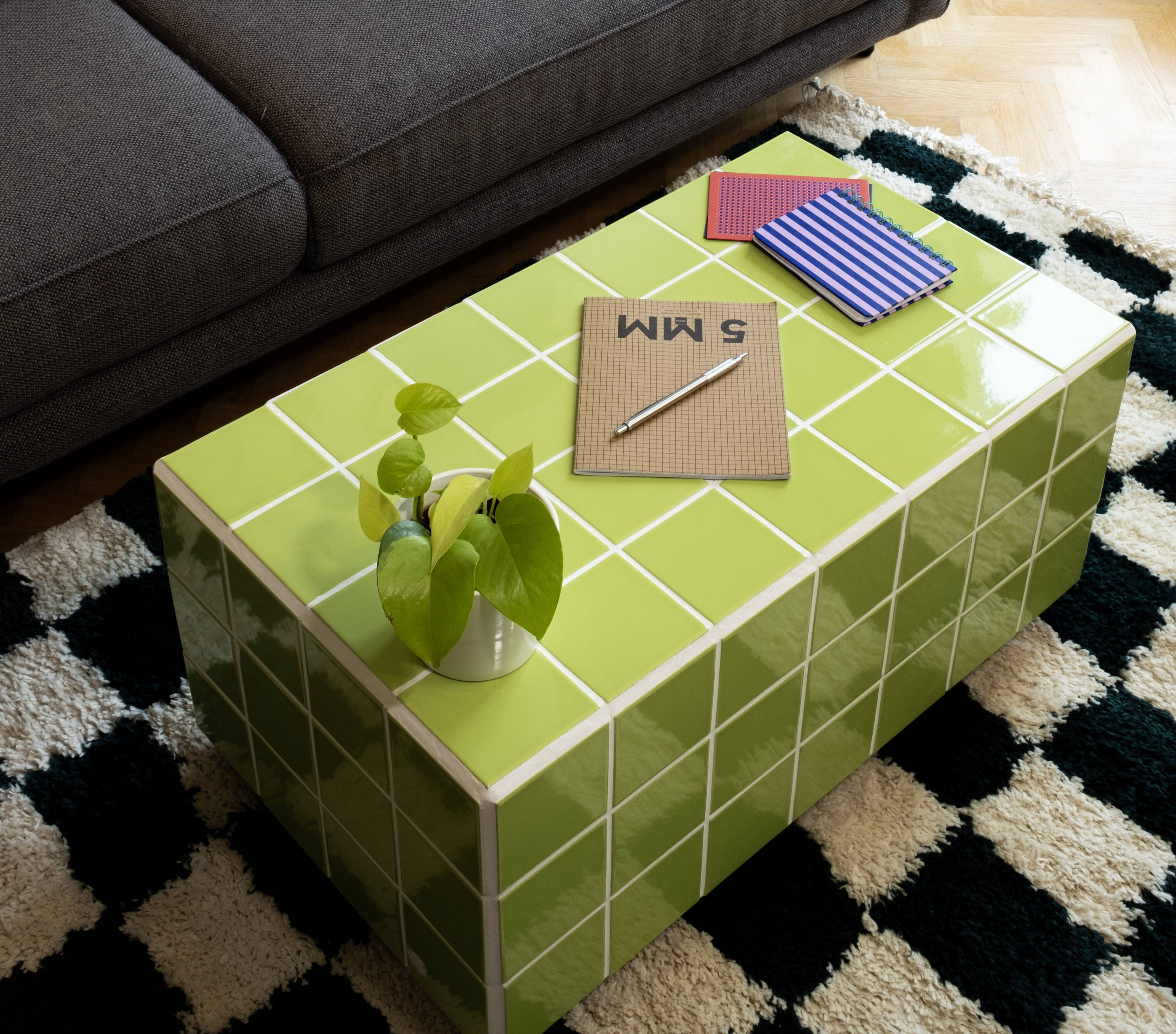 Glossy lime green ceramic tile coffee table Handmade in Paris