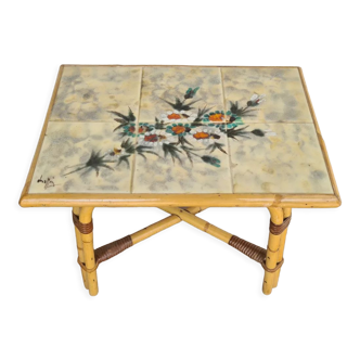 Vallauris ceramic coffee table, bamboo legs, vintage