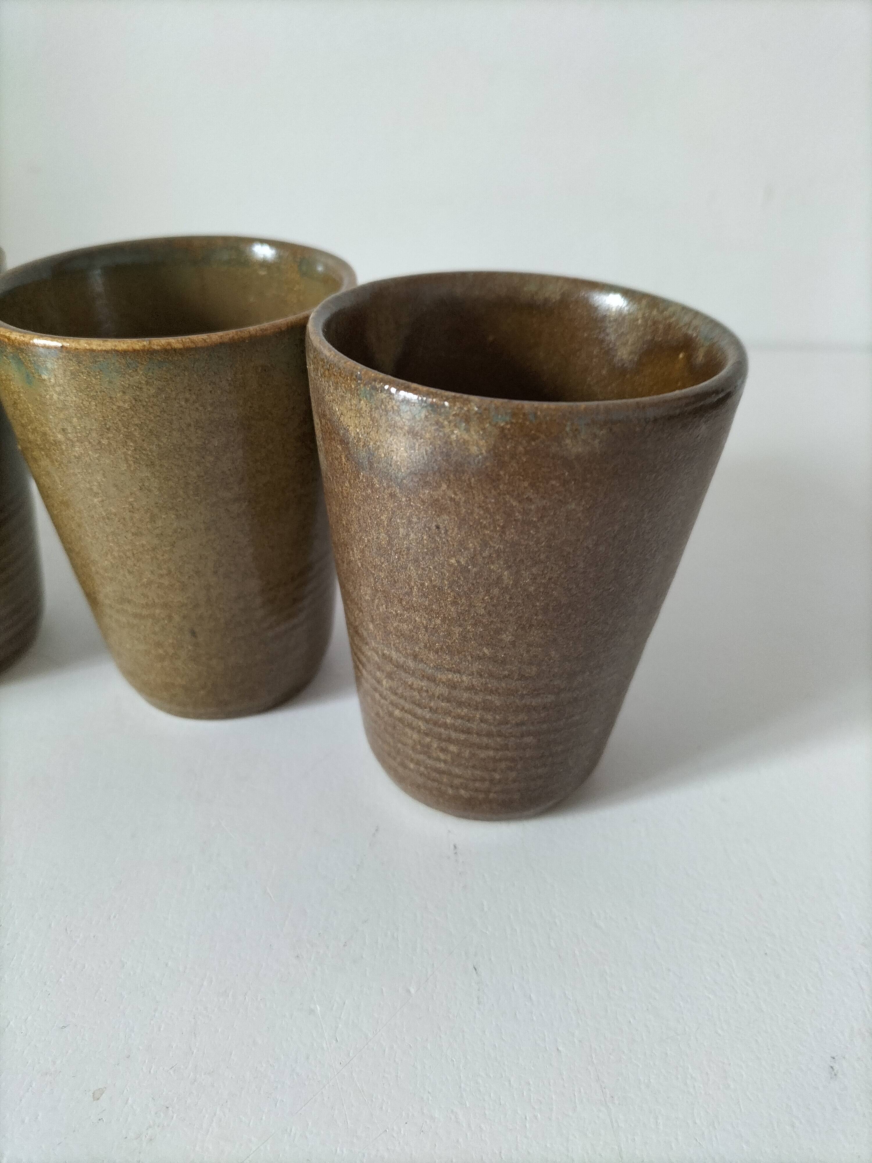 5 speckled stoneware cups from digoin (gp digoin) in brown, 1970s.