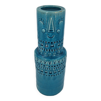 Vase moderniste anthropomorphe en céramique turquoise craquelée.