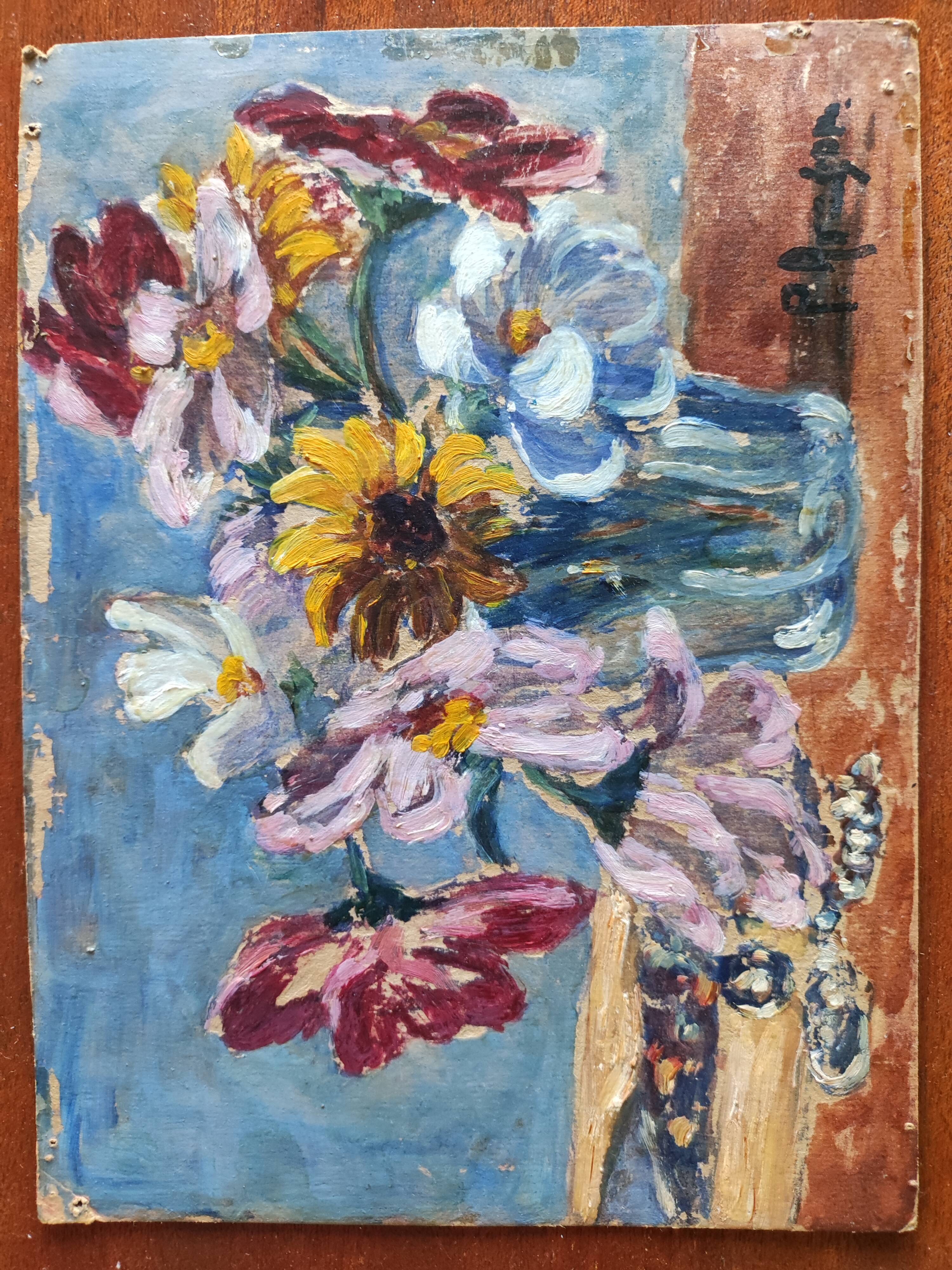 Huile sur carton P. Aragon bouquet