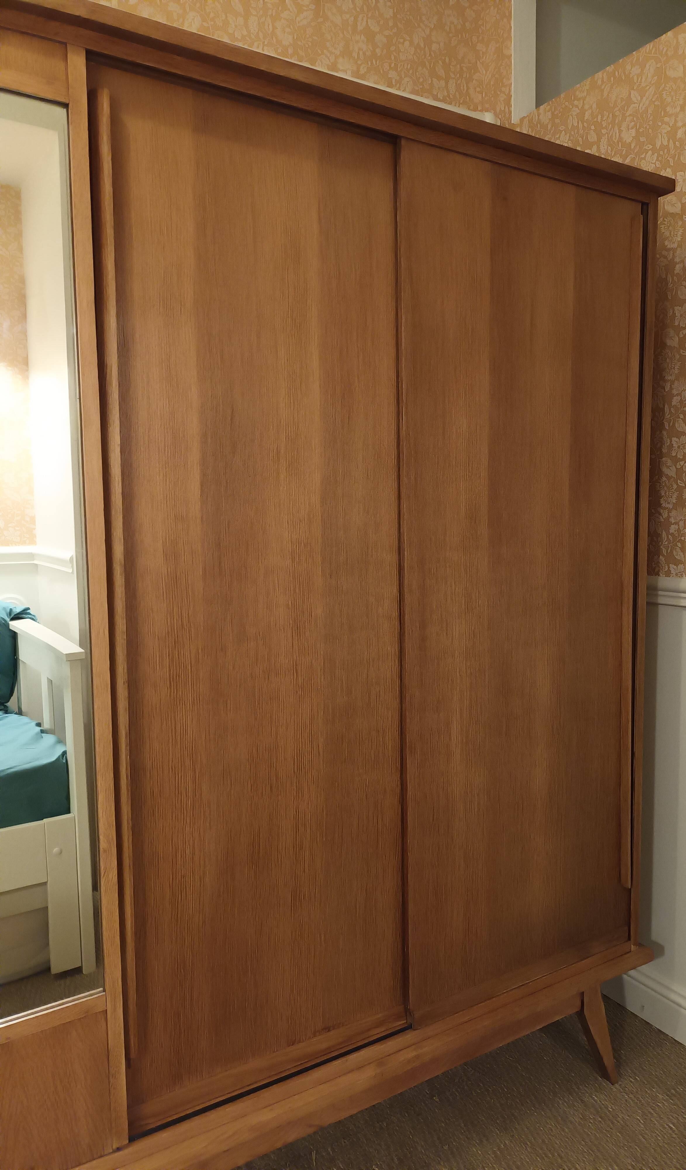 Vintage oak wardrobe with mirror with two sliding doors, France 1960s