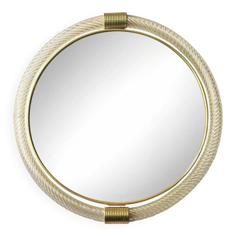 Venetian Round Murano Glass Wall Mirror with Torgiglione-Torchon Design, Ba
