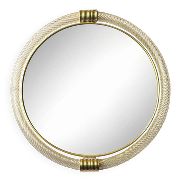 Venetian Round Murano Glass Wall Mirror with Torgiglione-Torchon Design, Ba