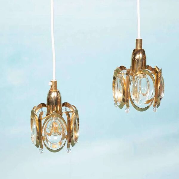 Vintage suspension en laiton et cristal Palwa, suspension mid-century