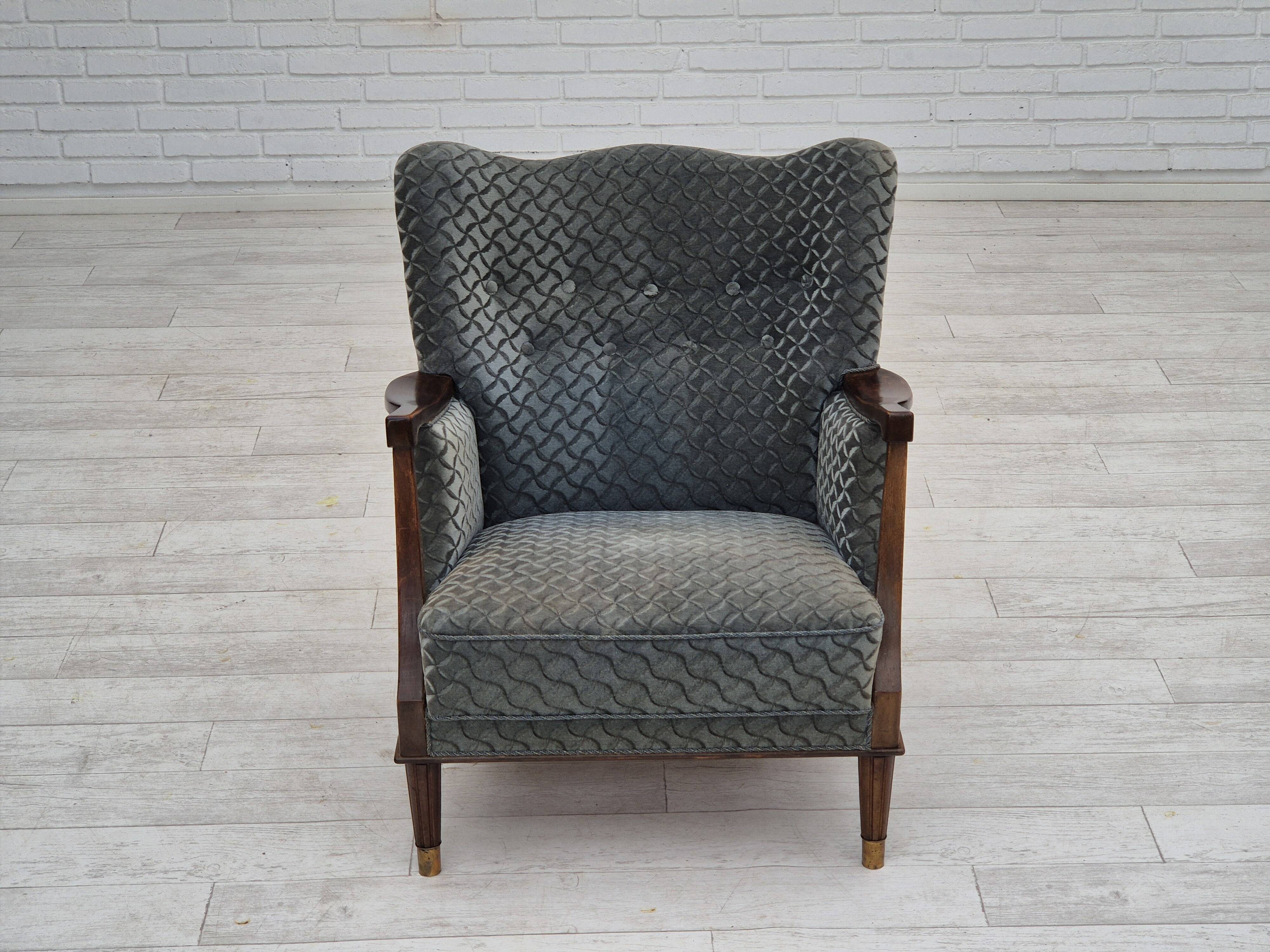 1960s, Danish armchair, original very good condition, furniture velour, beech wood,
