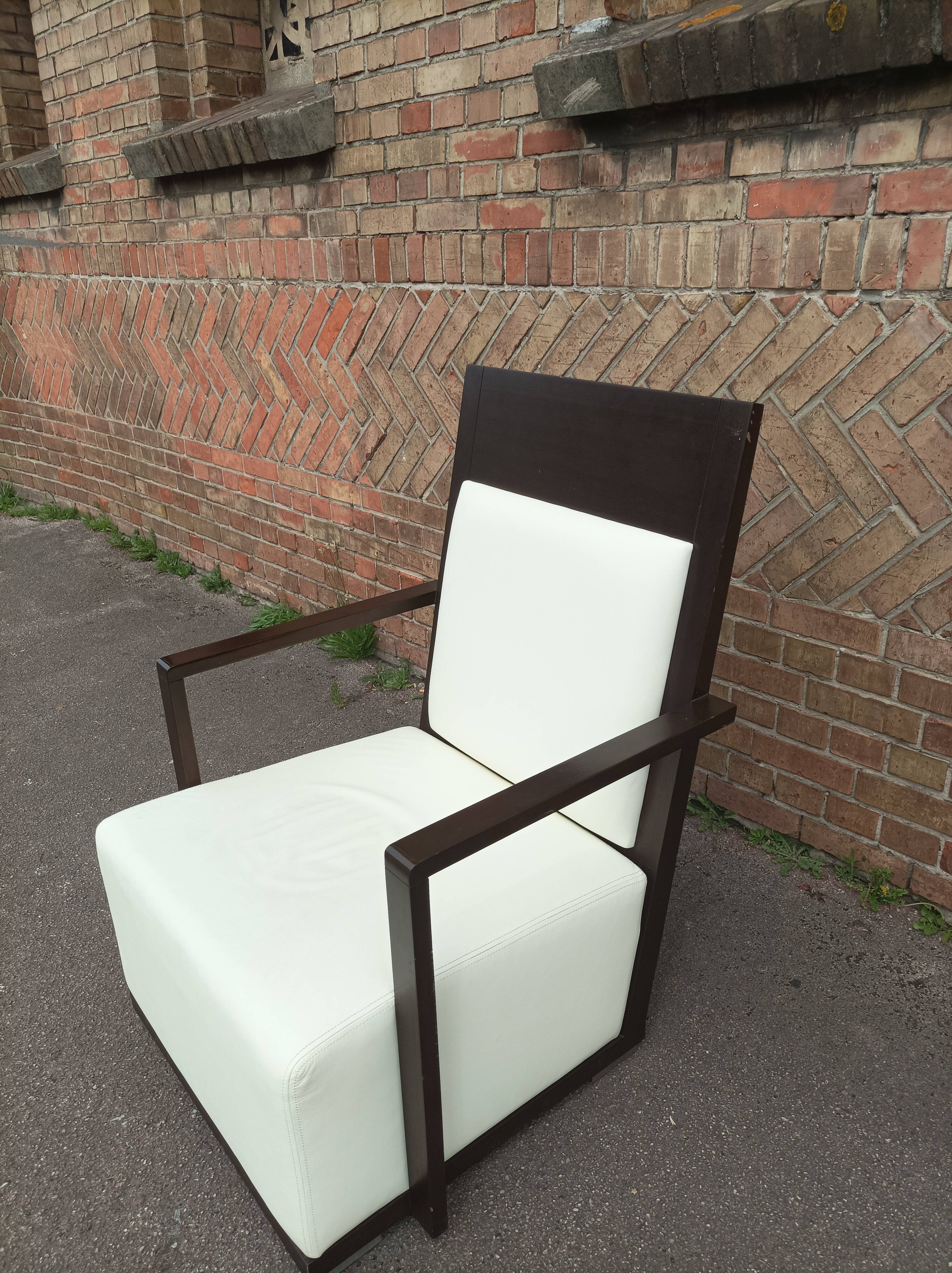 Old armchair white leather art deco design André sornay
