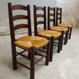 Series of 4 wooden chairs and straw