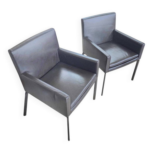 2 x fauteuils Manet Minotti années 1990 / cuir marron foncé / chrome hauteur 83