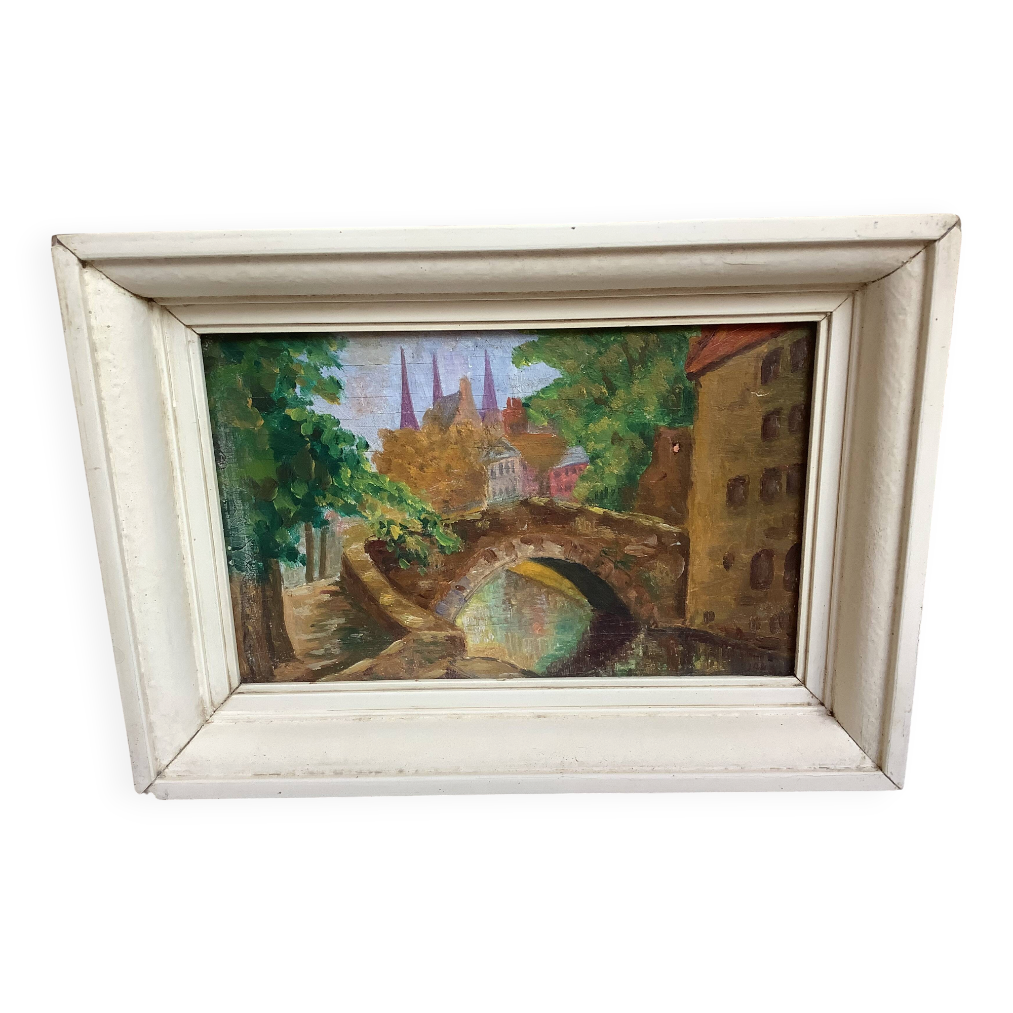 Mini painting of Bruges, Belgium, oil on wood panel.