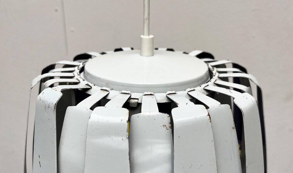 Metal pendant lamp and prism model in white mid-century by Werner Schou for Coronell Elektro, Denmark, 1960s.