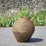 Large old basket, burgundy straw and bramble, woven basket