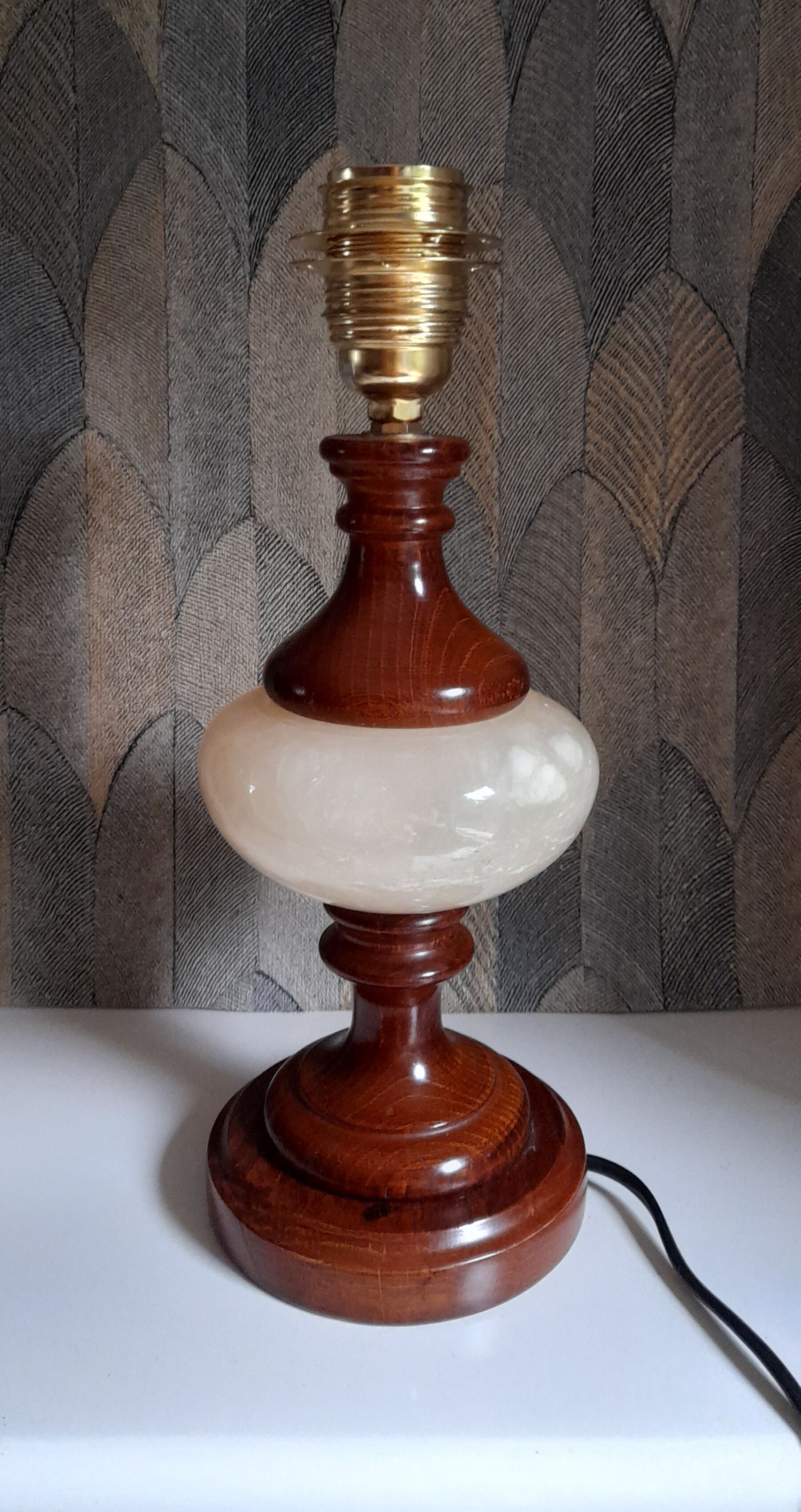 Table lamp foot turned wood and alabaster, round ecru lampshade, 50s