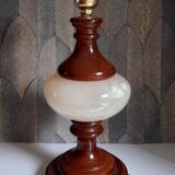 Table lamp foot turned wood and alabaster, round ecru lampshade, 50s