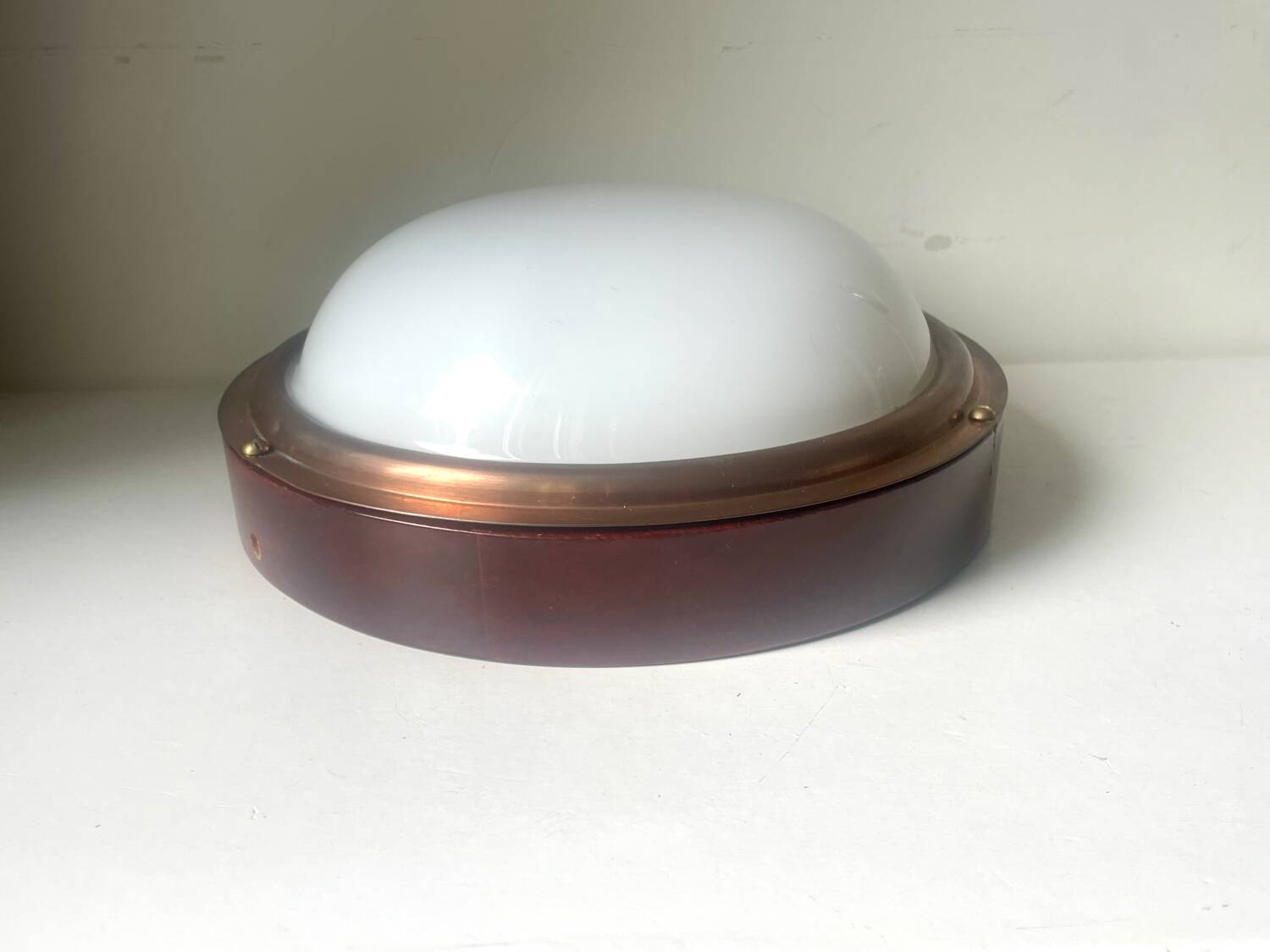 Vintage  wall or ceiling light in Mahogany & copper with  glass from a yacht