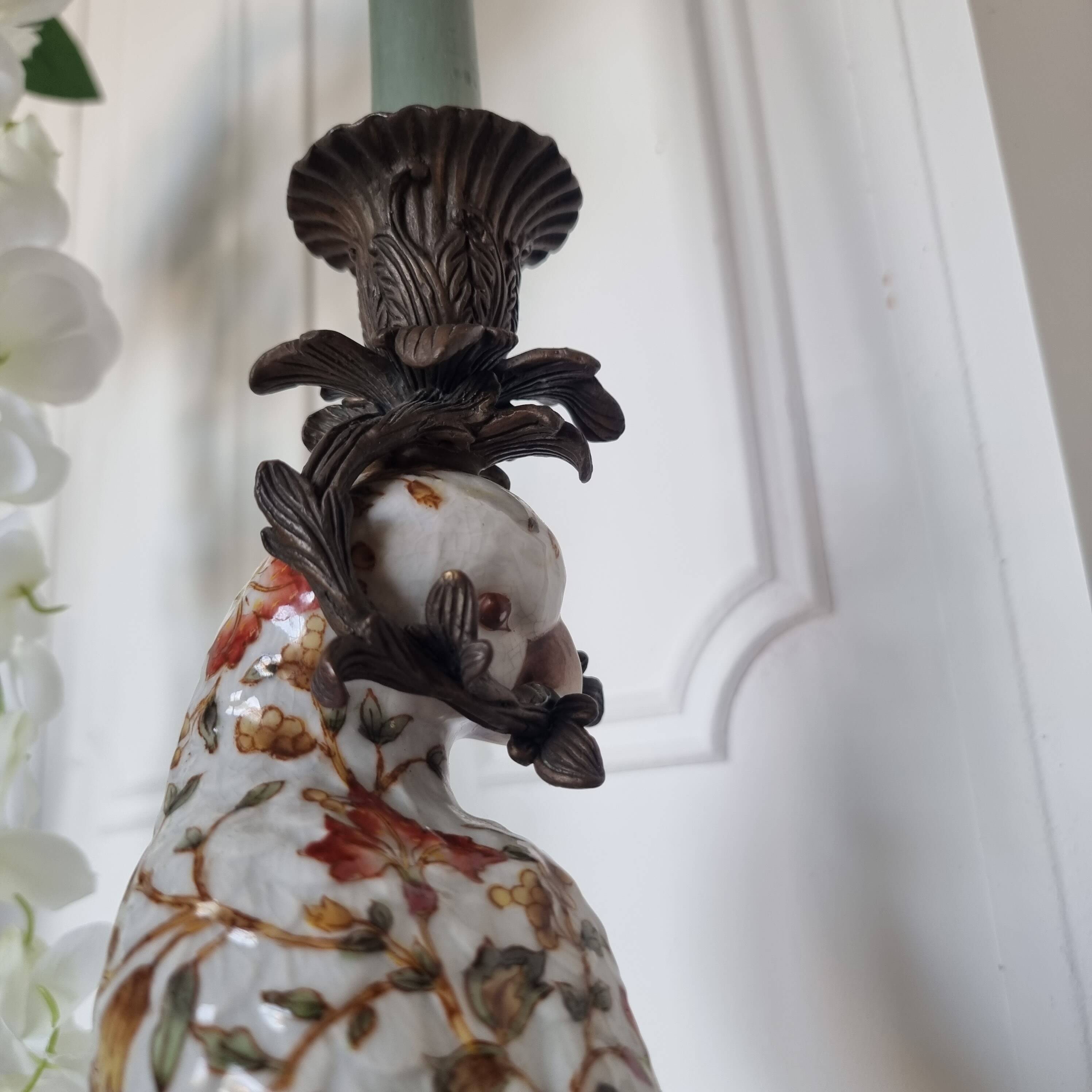 Parrot Candle Holder, Enameled Porcelain and Bronze, Late 19th Century