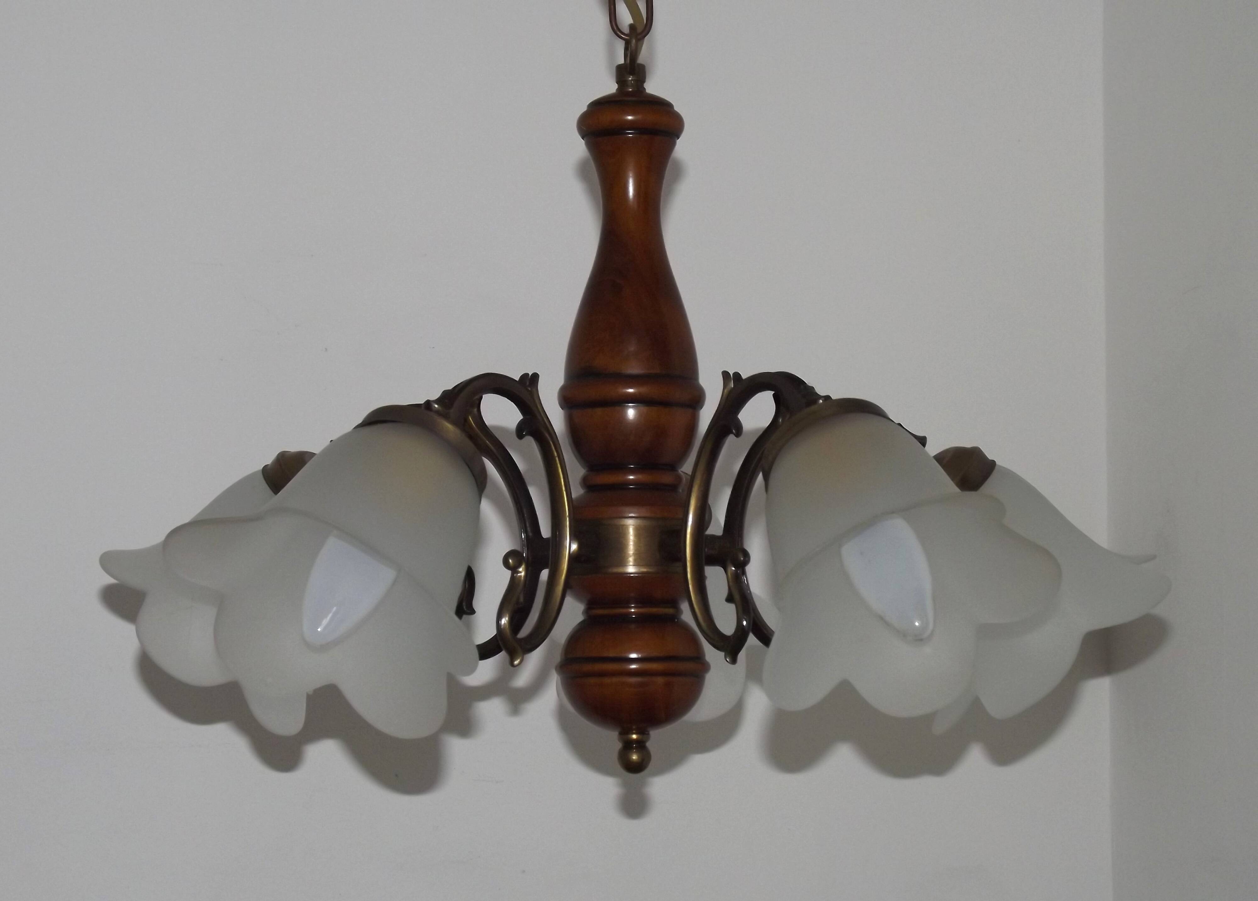 French Mid-Century Bronzed Metal & Wood 5-Light Chandelier with Glass Shades