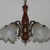 French Mid-Century Bronzed Metal & Wood 5-Light Chandelier with Glass Shades